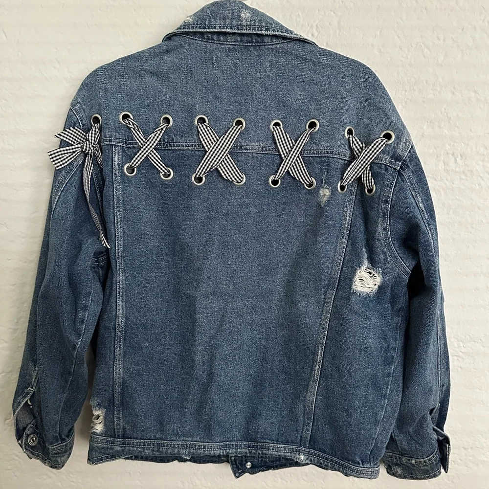 Zara Light Blue Denim‎ Jacket with Ribbons